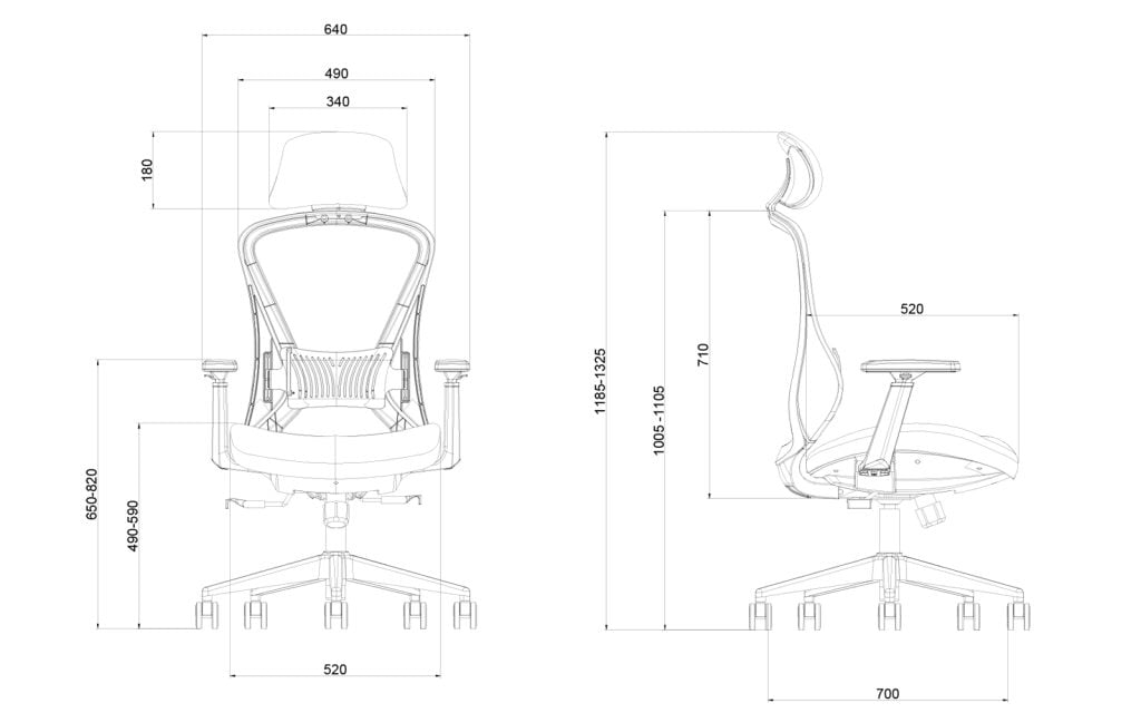 Red Ergonomic Gaming Chair D-K2-BH-12-04-1 Sketch and dimensions of each part