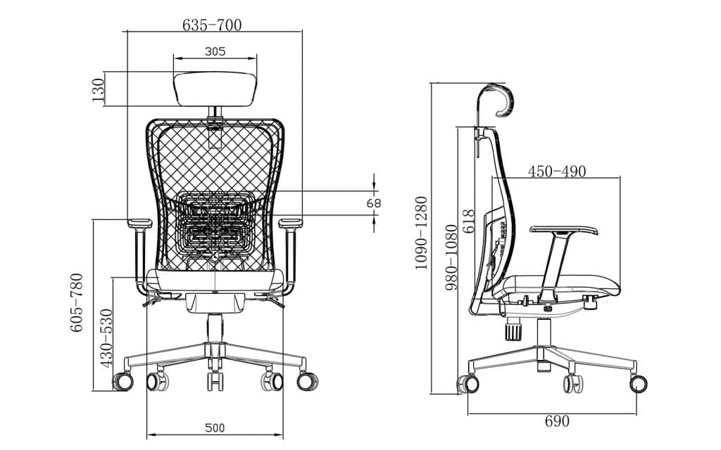 K5-GAM Ergonomic High Back Office Chair Sketch and dimensions of each part