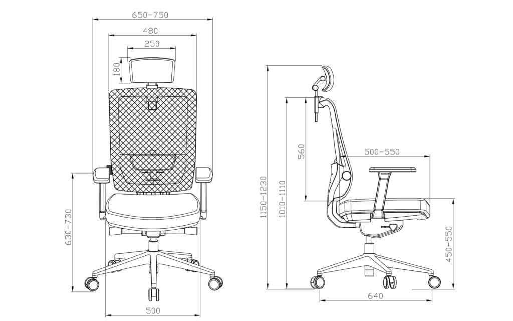 M6-AS Executive Ergonomic Office Chair Sketch and dimensions of each part