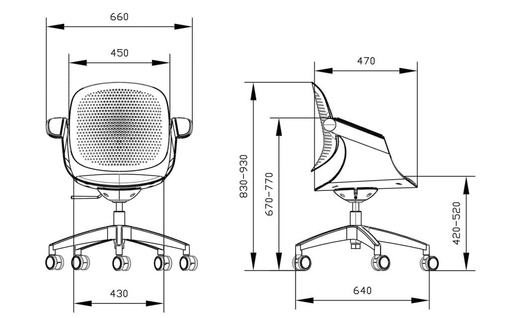 Simple Staff Desk Chair F2-G02 Sketch and dimensions of each part