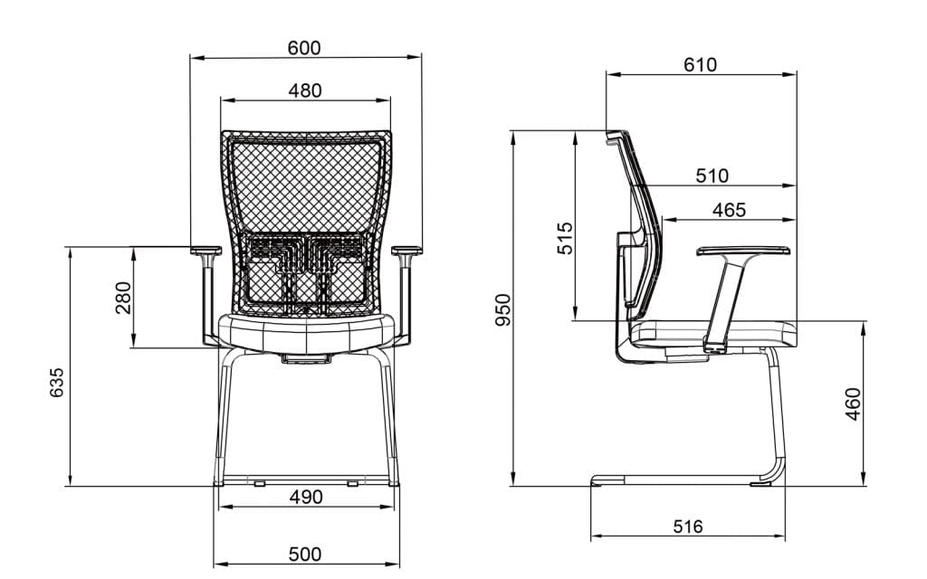 Black Model Office Guest Chair GM1-BC1-01 Sketch and dimensions of each part