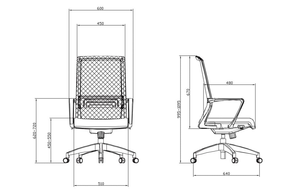 Vaseat Mesh Mid Back Office Chair K1-BM-01 Sketch and dimensions of each part