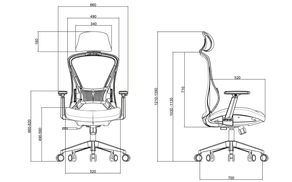 Swivel Office Mesh Chair K2-BH-02 Sketch and dimensions of each part