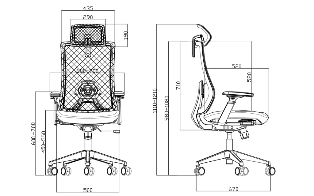 white mesh office chair K9-BH-07 Sketch and dimensions of each part