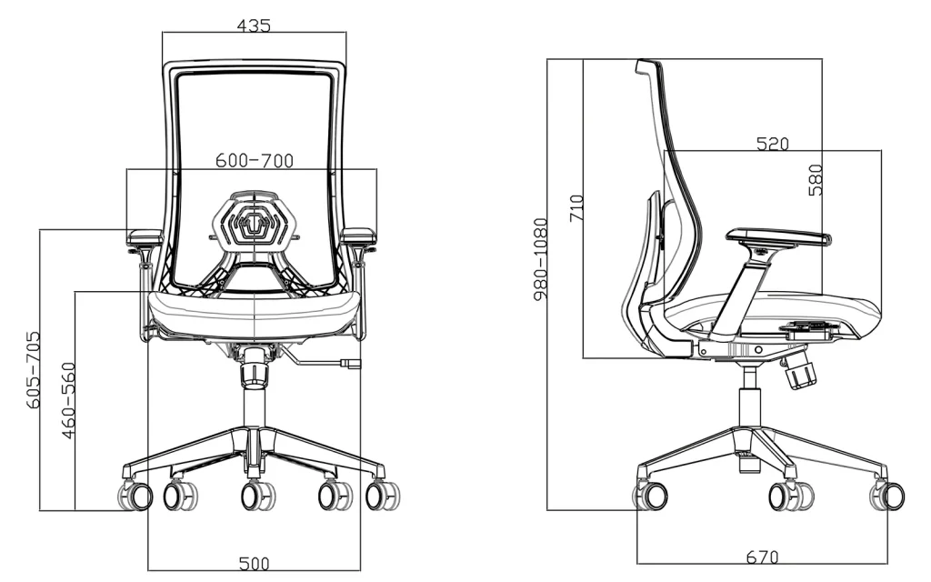 Fabric Seat Mesh Chair K9-BM-07 Sketch and dimensions of each part