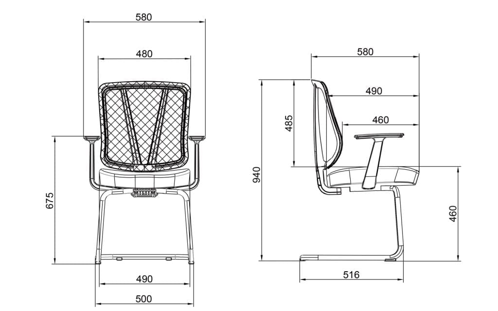 mesh back guest chair T-081C-1 Sketch and dimensions of each part