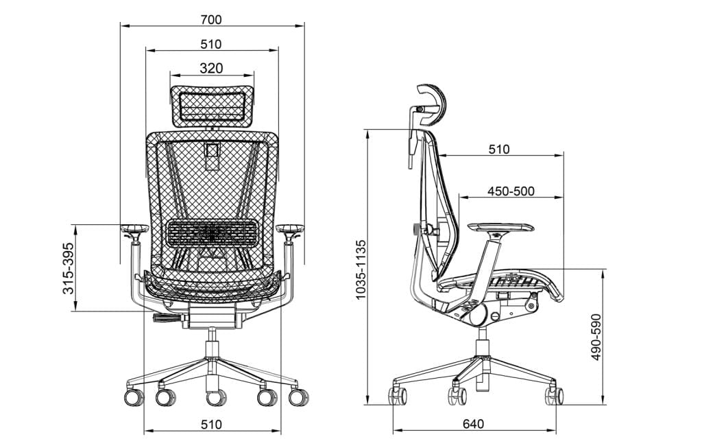 Full Mesh Ergonomic Chair T1-BH-01 Sketch and dimensions of each part