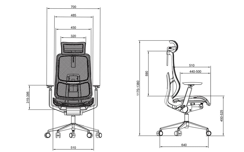 Vaseat back adjustable ergonomic office chair Sketch and dimensions of each part