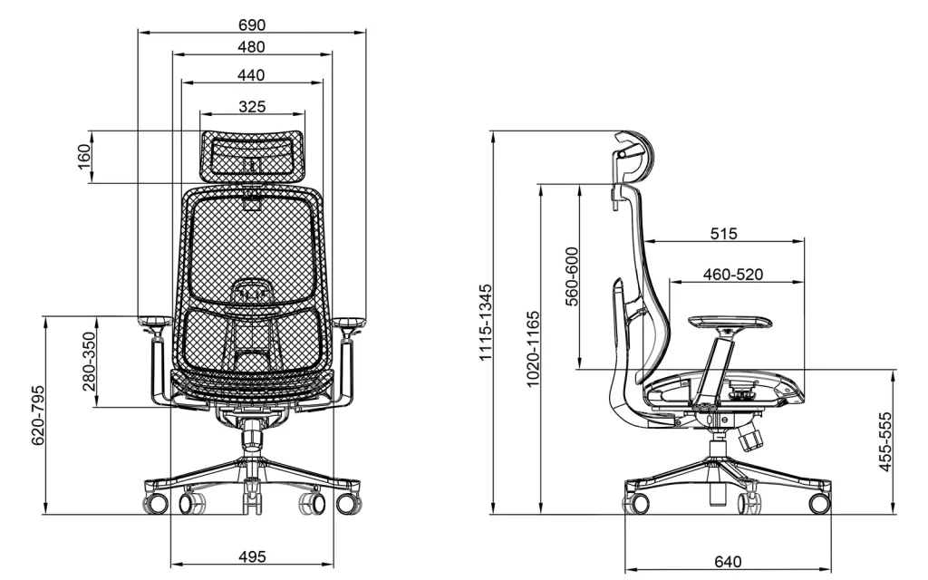 Vaseat ergonomic chair for tall person T3-BH-01 Sketch and dimensions of each part