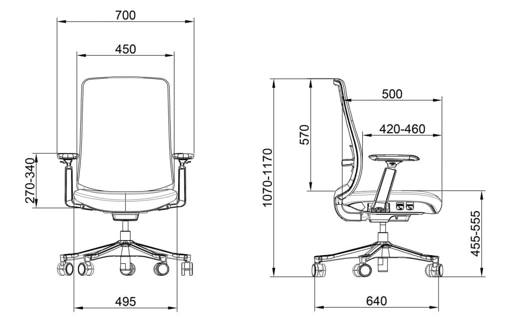 Grey Mid Back Desk Chair V1-GM-02 Sketch and dimensions of each part