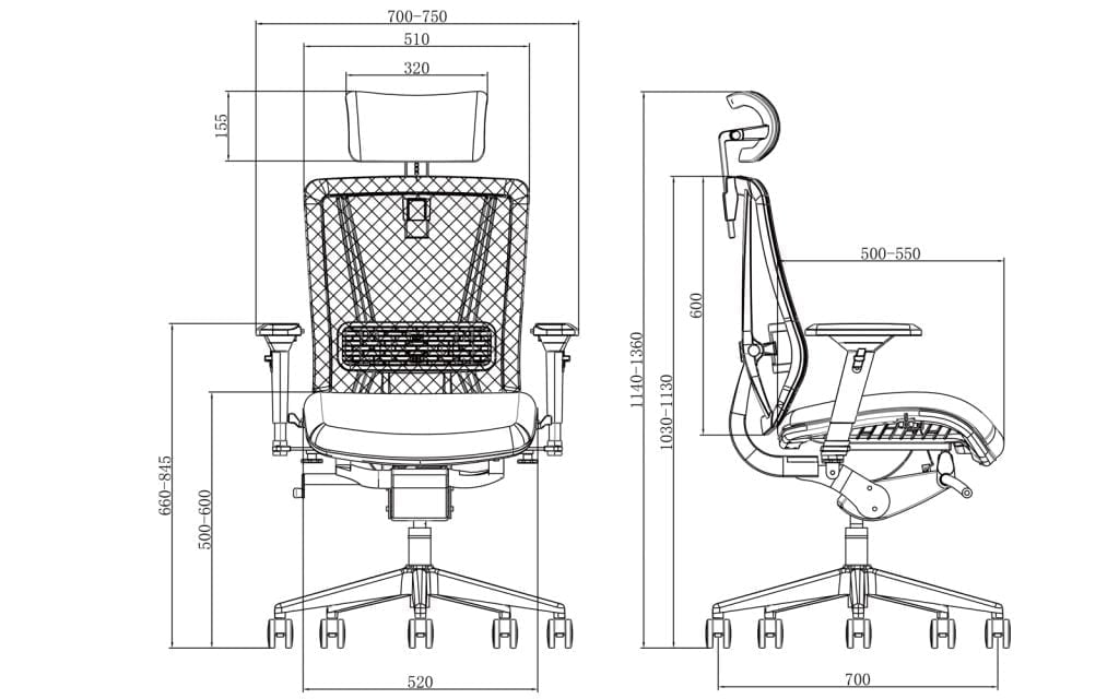 Full Fabrics Ergonomic Office Chair X3-01A-F Sketch and dimensions of each part