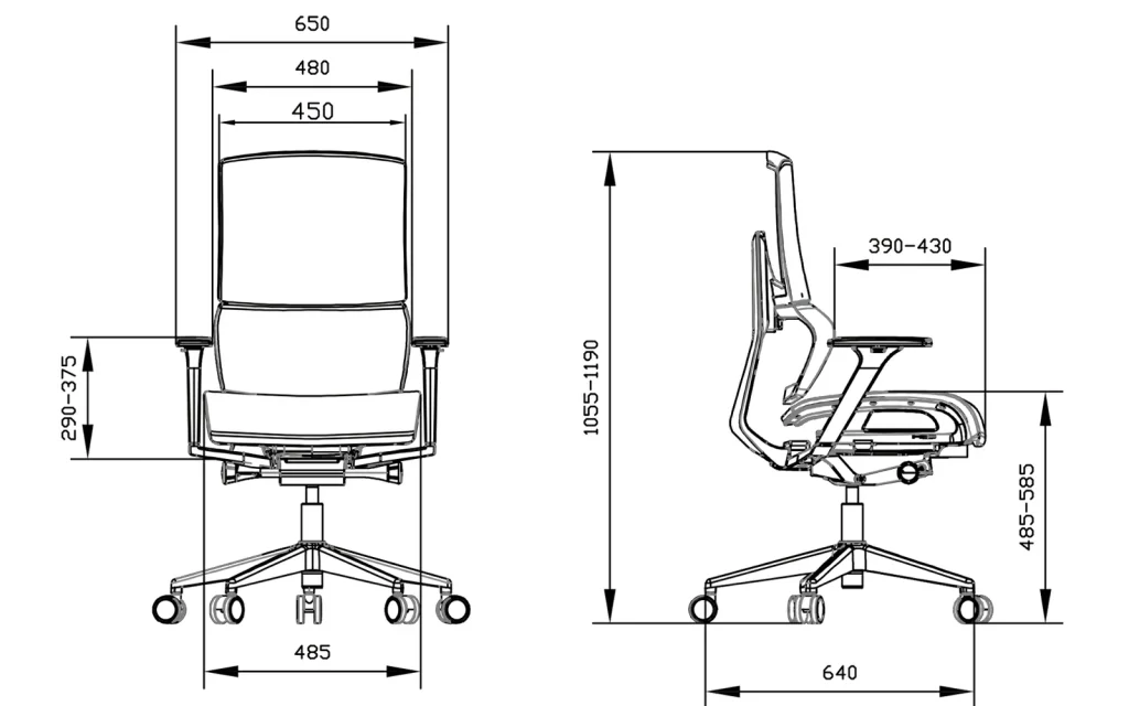 Dynamic Lumbar support Ergonomics chair X6-BM-01 Sketch and dimensions of each part