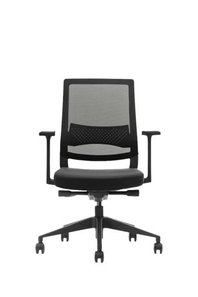 black mesh office chair with armrests and wheels
