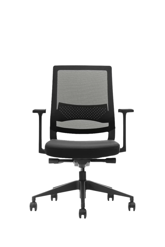 black mesh office chair with armrests and wheels