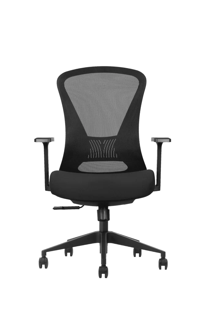 black office chair with mesh back and armrests
