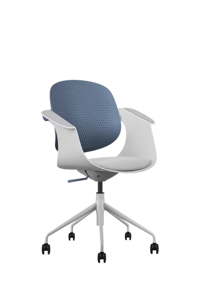 modern office chair with blue mesh back and white frame
