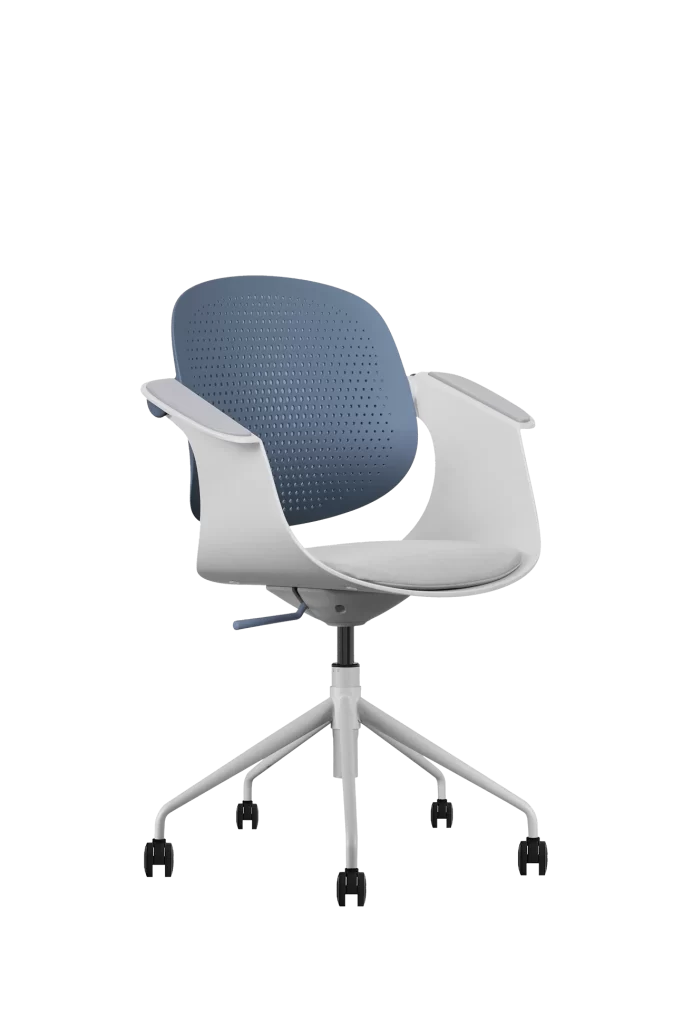 modern office chair with blue mesh back and white frame
