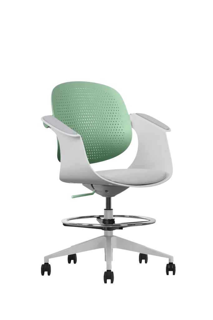 modern office chair with green backrest and white arms