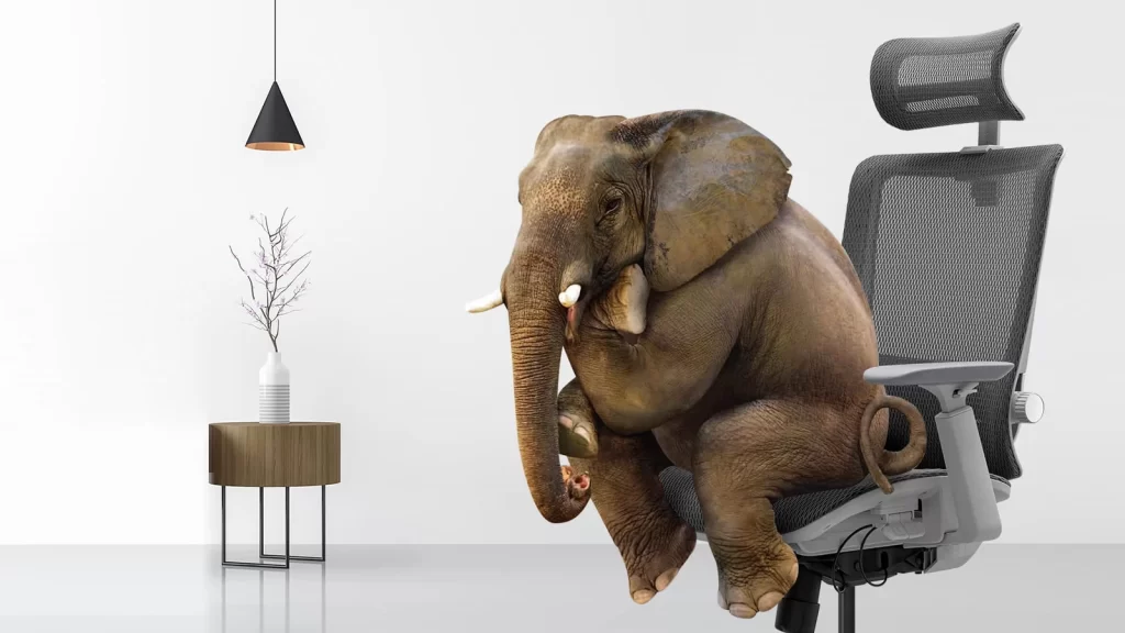 Elephant sitting on office chair in modern room