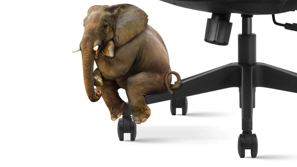 An elephant comfortably seated on our chair, showcasing its durability and strength.