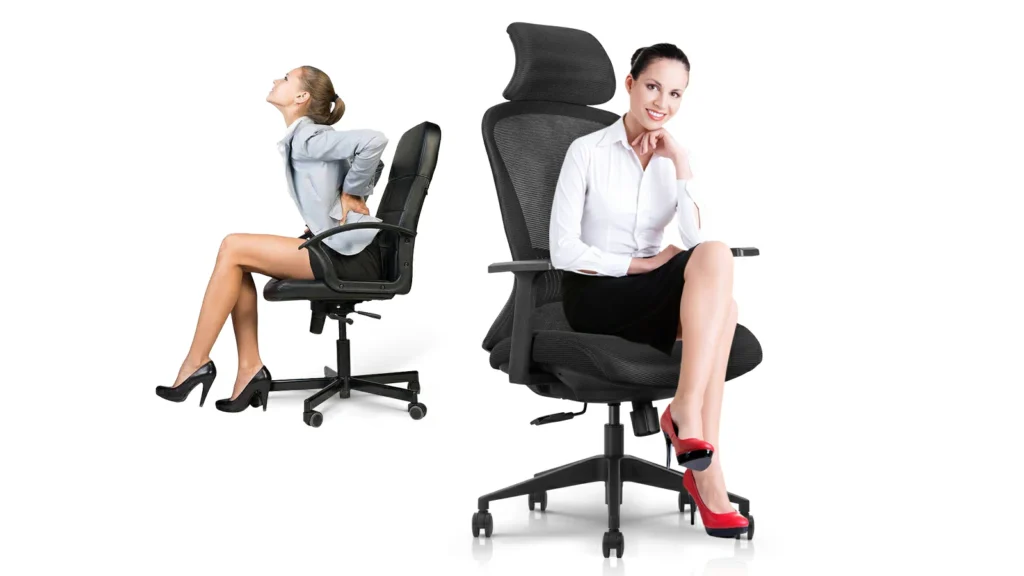 A person blissfully smiling while sitting on our K2 chair, contrasting with someone in pain on an inferior chair.