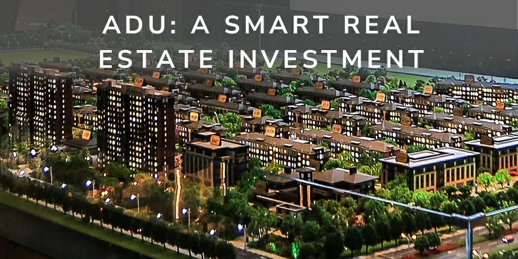 Aerial view of a densely packed urban residential area at dusk, with a focus on Accessory Dwelling Units (ADUs) as a smart real estate investment highlighted by illuminated windows and green spaces.