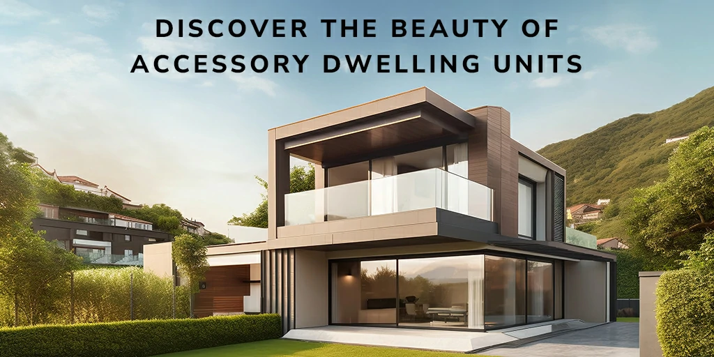 Alt text: "Luxurious modern Accessory Dwelling Unit with large glass windows, balconies, and lush greenery set against a backdrop of rolling hills, highlighting the aesthetic appeal of ADUs in real estate.