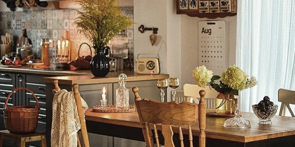 Warm, rustic kitchen and dining area in an Accessory Dwelling Unit, showcasing a wooden dining table set with candles, fresh hydrangeas in a gold vase, wicker baskets, and a vintage kitchen background, creating a charming and inviting atmosphere.