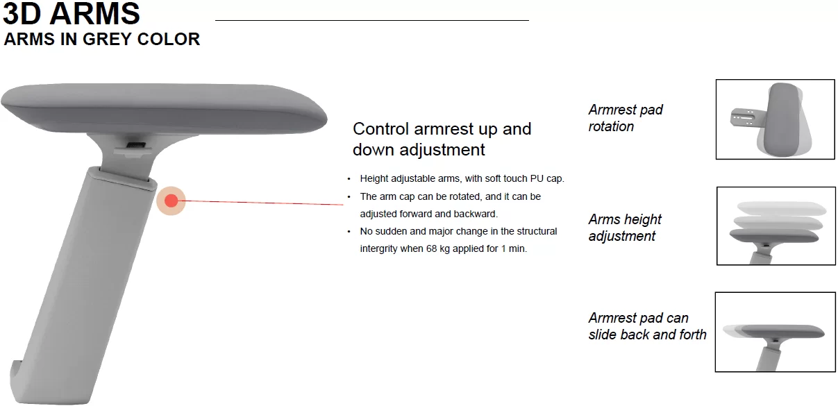 3D arms in grey color with adjustable armrest and height settings