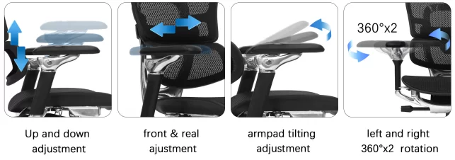 adjustable office chair features: up/down, front/rear, armrest, tilting, left/right rotation