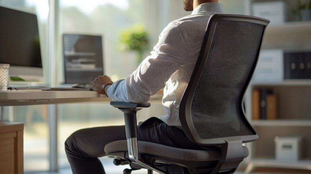 Office employee demonstrating how to choose an ergonomic chair by sitting with correct posture at a workspace