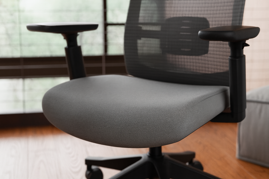 close-up of an ergonomic office chair seat cushion used to illustrate solutions when a desk chair keeps sinking