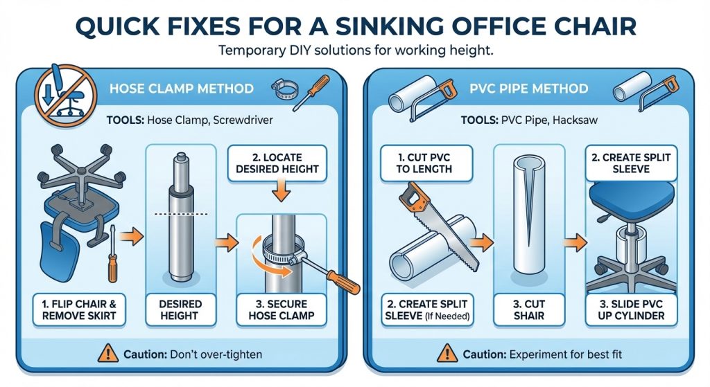 Illustration showing quick fixes for a desk chair that keeps sinking, including the hose clamp method and PVC pipe method with step-by-step diagrams.