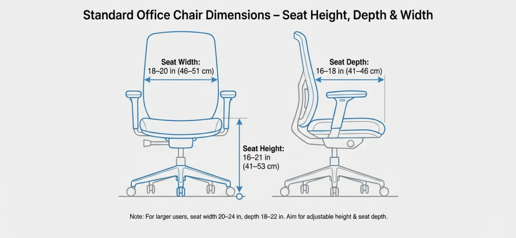 Diagram showing standard office chair dimensions, including typical seat height, seat depth, and seat width ranges for modern office chairs.