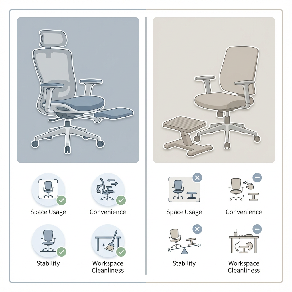 Chair with footrest compared to separate footrest for space-saving office seating