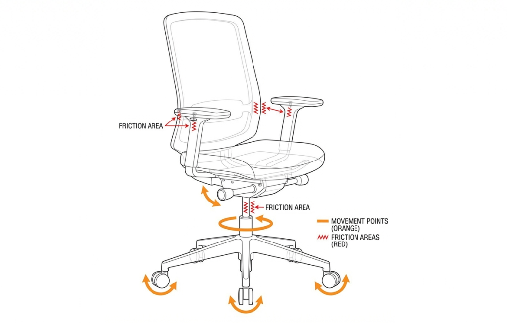 Diagram showing common causes of a squeaky desk chair, including friction points, loose fasteners, and stressed joints from daily movement