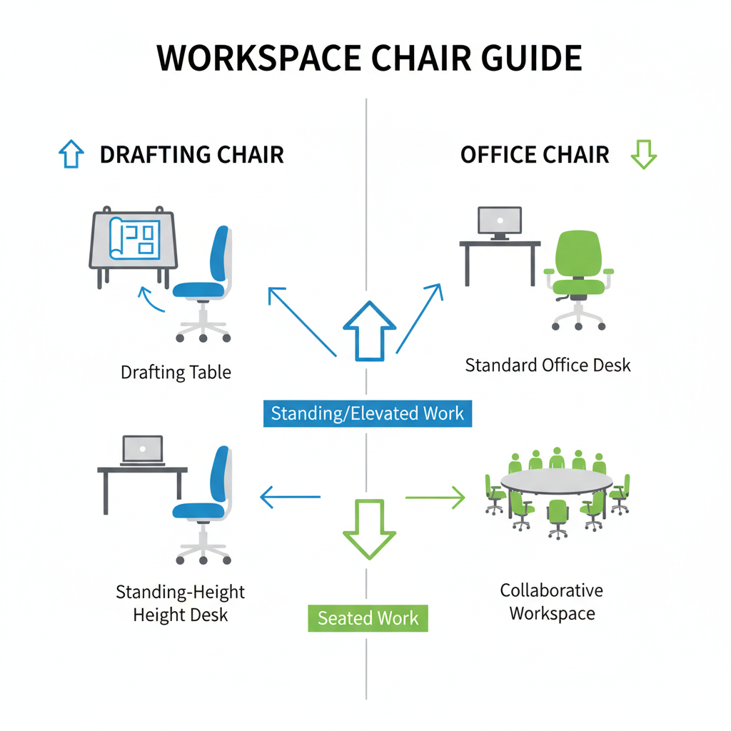 Drafting chair vs office chair comparison showing seat height range, foot ring support, and desk height compatibility