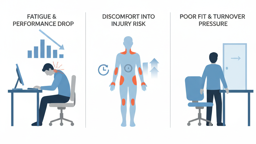 Importance of ergonomics in the workplace illustrated by visual impacts of fatigue, injury risk, and poor workstation fit