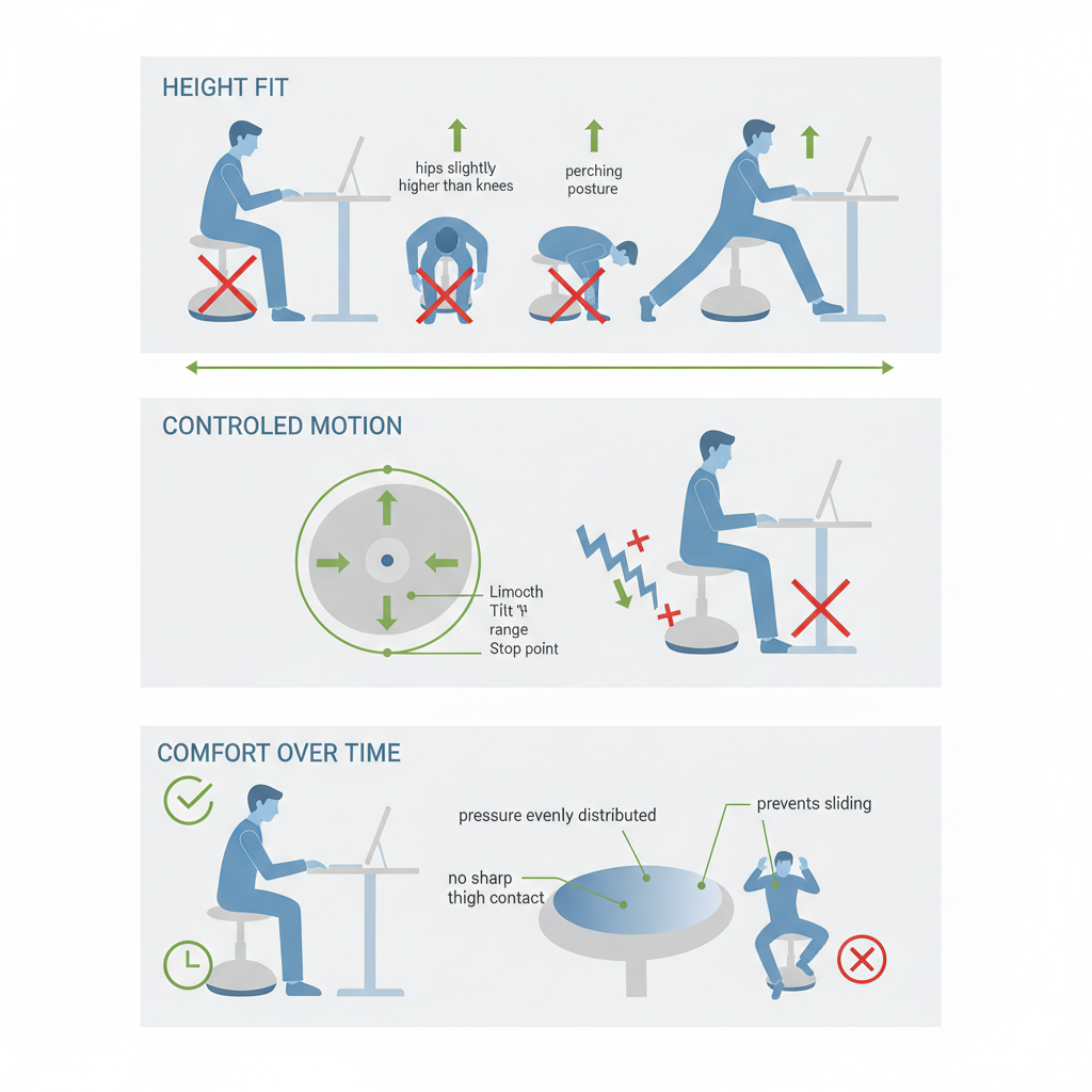 Best wobble stool infographic showing height fit, controlled motion, and long-term sitting comfort