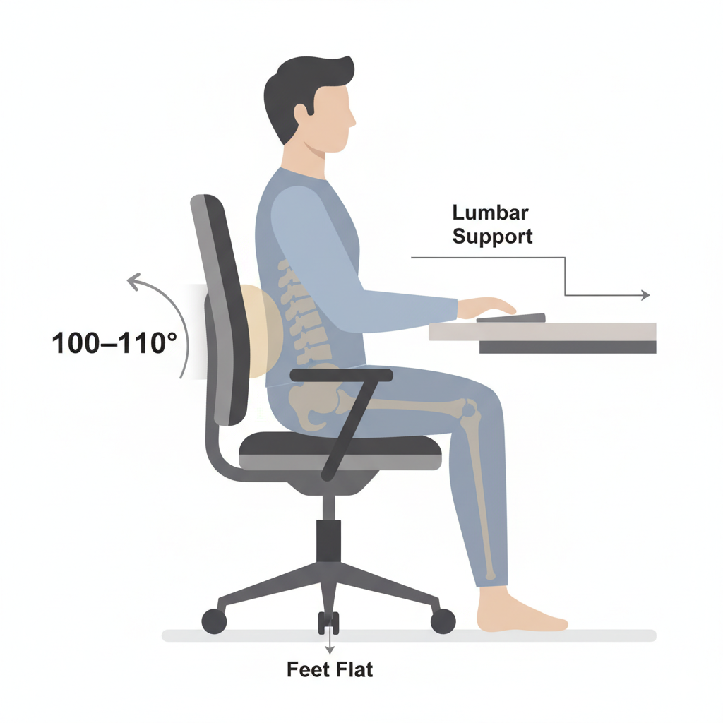 Best Way to Sit on an Office Chair illustrated with a 100–110 degree reclined sitting angle, proper lumbar support, and feet flat on the floor