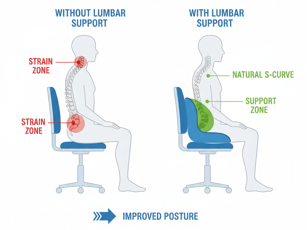office chair facts showing lumbar support maintaining natural spinal alignment for ergonomic posture