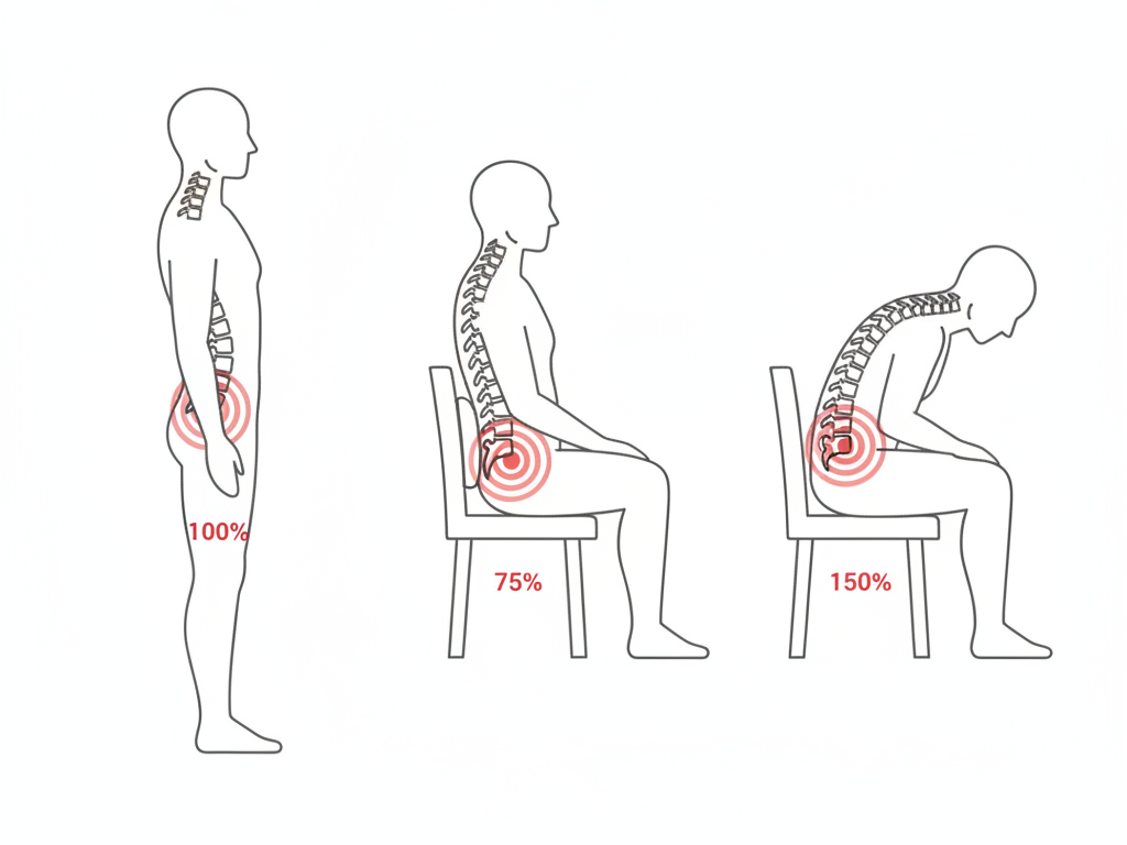 Sore Back From Office Chair diagram showing how sitting increases spinal disc pressure compared to standing