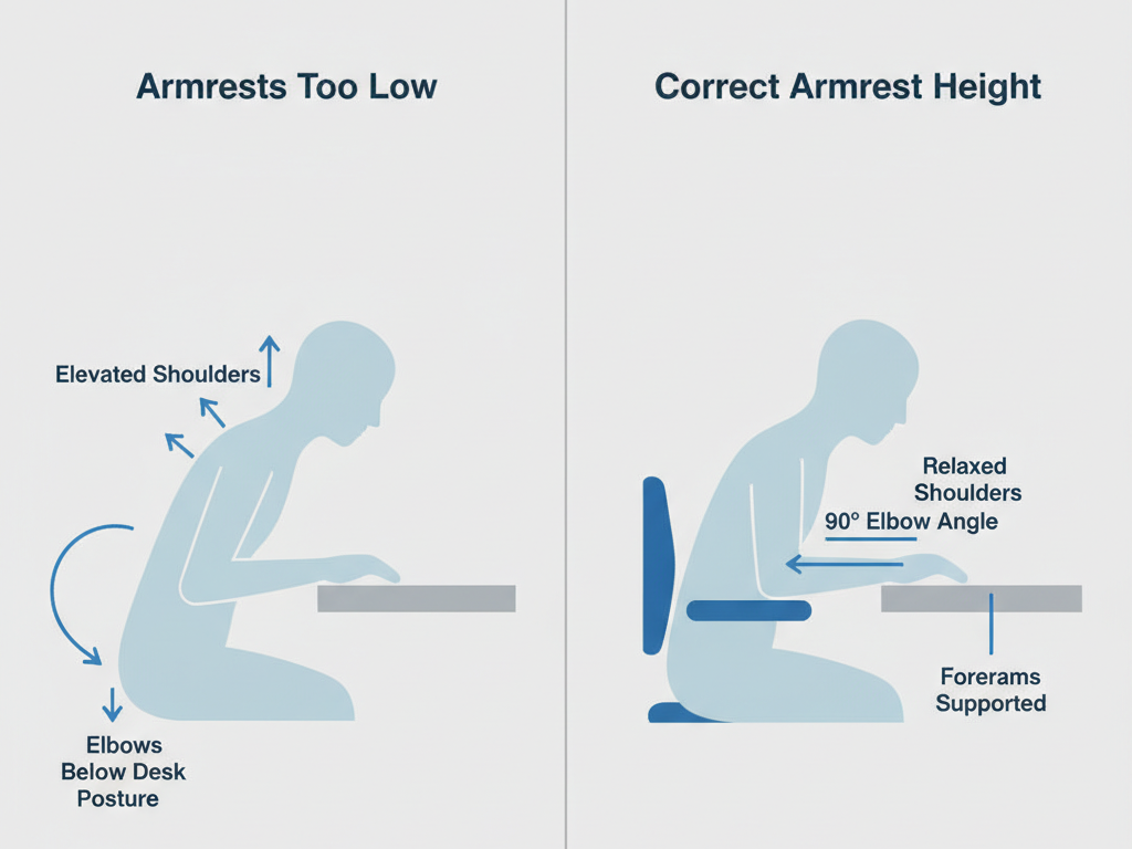 Office Chair Armrest Too Low vs Correct Armrest Height posture comparison diagram