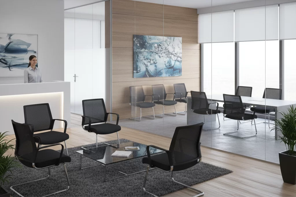modern office reception area with black chairs and glass tables