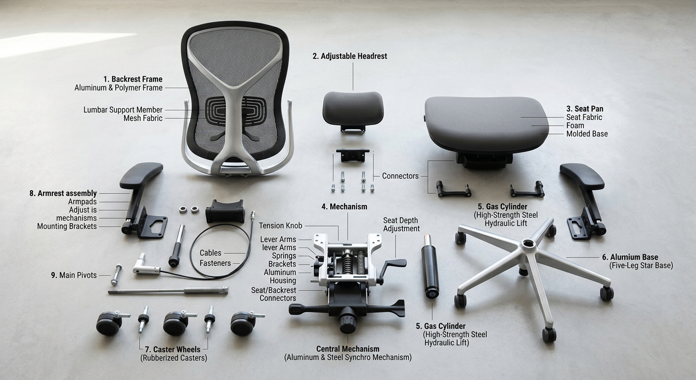 Exploded view of ergonomic office chair components including mechanism base and frame